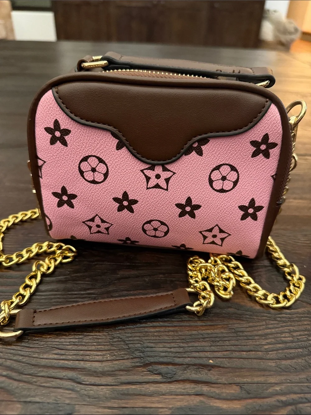 Pink and Brown Kids Crossbody Bag with Gold Chain Strap